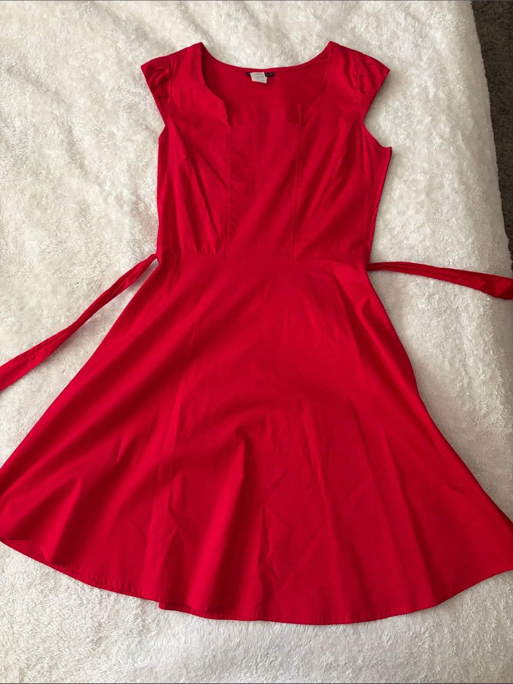 Cap-Sleeve Red Fit-and-Flare Mini Dress with Waist Tie